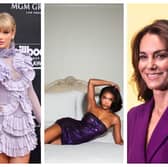 Be inspired by Taylor Swift and Catherine, Princess of Wales, and opt for purple. Pictures: Taylor and the Princess of Wales, ruffle dress, Pretty Little Thing.