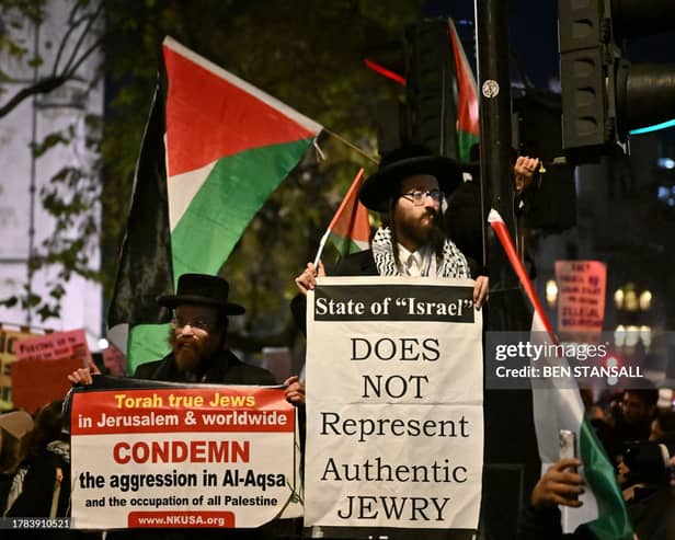 Members of the Ultra-Orthodox Jewish community hold placards during a rally in support of Palestinians, outside of the Houses of Parliament in central London on November 15, 2023, to demand Members of Parliament vote for a ceasefire in Gaza. (Photo by BEN STANSALL/AFP via Getty Images)