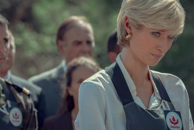 Princess Diana during her visit to Serbia as part of her campaigning against land mines (Credit: Netflix)