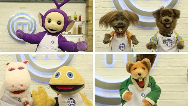 L-R Top: Tinky Winky, Dodge and Hacker T Dog. Bottom: George and Zippy from Rainbow, Basil Brush. (Credit: BBC)