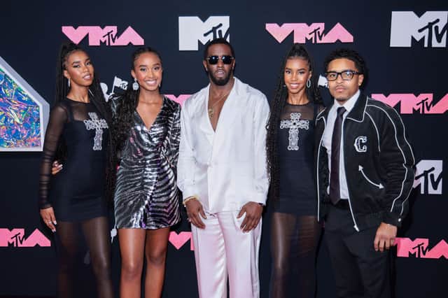 P Diddy has seven children. Here he is with Jessie James Combs, Chance Combs,  D'Lila Combs and Justin Dior Combs at the 2023 MTV Video Music Awards.
