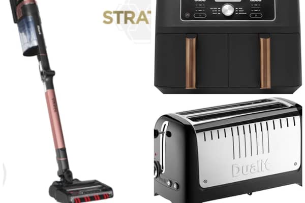 5 best Black Friday 2023 home gadgets - Ninja dual zone airfyer, Dualit toaster and Shark cordless vacuum and more. Photos by Shark (left), Amazon (top and bottom right).