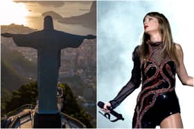 An aerial view of the statue of Christ the Redeemer (L), and Taylor Swift (Photo: Buda Mendes/Getty Images)