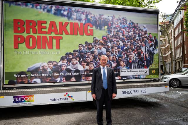 The much-criticised poster used by UKIP in the party's Brexit campaign showed a line of non-white refugees and migrants forming a queue in Slovenia with the words 'Breaking Point' over the top. (Credit: Getty Images)