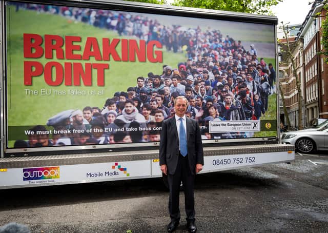 The much-criticised poster used by UKIP in the party's Brexit campaign showed a line of non-white refugees and migrants forming a queue in Slovenia with the words 'Breaking Point' over the top. (Credit: Getty Images)