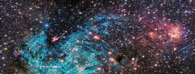 The NIRCam (Near-Infrared Camera) instrument on NASA’s James Webb Space Telescope’s reveals a portion of the Milky Way’s dense core in a new light. An estimated 500,000 stars shine in this image of the Sagittarius C (Sgr C) region, along with some as-yet unidentified features. A large region of ionized hydrogen, shown in cyan, contains intriguing needle-like structures that lack any uniform orientation.
(Image: NASA, ESA, CSA, STScI, and S. Crowe (University of Virginia)).