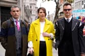 Simon Blake (left), Nicola Thorp and Colin Seymour (right) arriving at the Royal Courts Of Justice, central London, for their libel trial. Blake and Seymour are suing Laurence Fox while Fox is countersuing the pair along with actress Nicola Thorp. Picture: Lucy North/PA Wire
