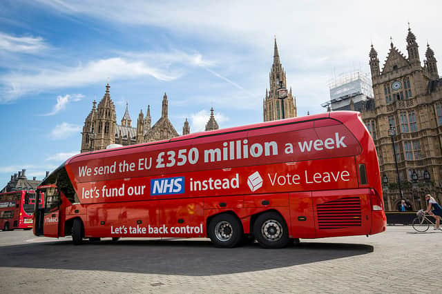 The Vote Leave battle bus with the "misleading" claim about the NHS. Credit: Getty