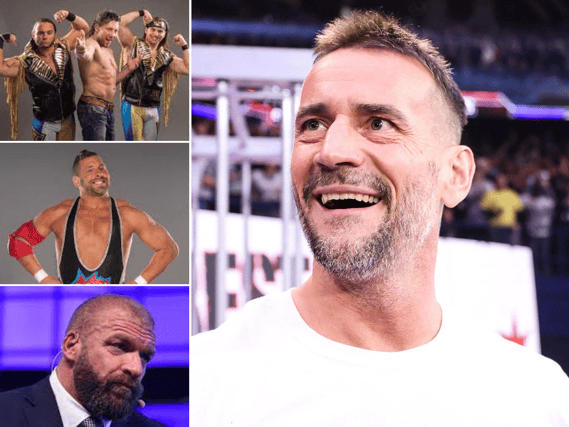 CM Punk has returned to the WWE, but what have his past actions regarding The Elite (top left), Colt Cabana (middle) and even Triple H (bottom) led to some fans calling him a hypocrite? (Credit: WWE/AEW)