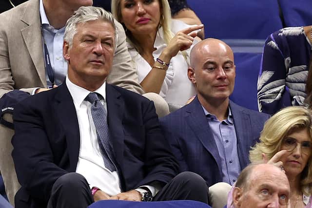 American actor, comedian, and producer Alec Baldwin (L) looks on prior to the Women's Singles Final match between Coco Gauff of the United States and Aryna Sabalenka of Belarus on Day Thirteen of the 2023 US Open at the USTA Billie Jean King National Tennis Center on September 09, 2023 (Photo by Elsa/Getty Images)