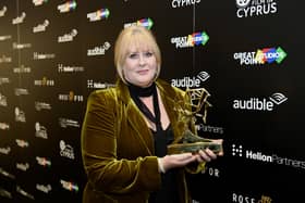 Sarah Lancashire picking up her award for Performance of the Year as Catherine Cawood in Happy Valley at the Rose d'Or Awards in London (Credit: Simon Wilkinson/SWpix.com/PA Wire)
