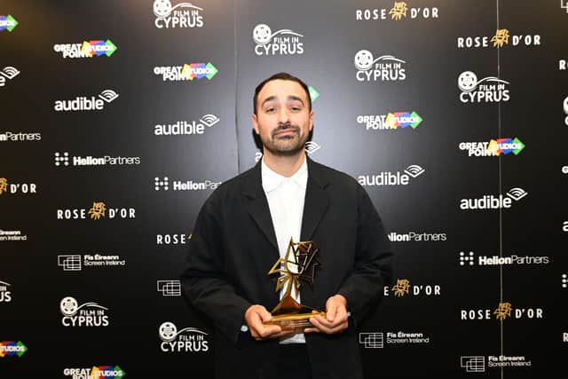 Jamie Demetriou picking up his award for Comedy and Entertainment for A Whole Lifetime with Jamie Demetriou at the Rose d'Or Awards in London (Credit: Simon Wilkinson/SWpix.com/PA Wire)