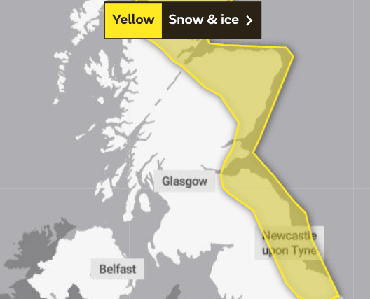Yellow warning for snow and ice from Wednesday into Thursday. (Credit: Met Office)