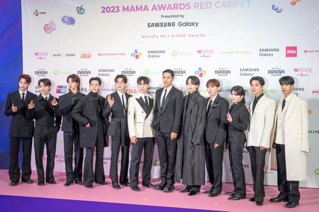 South Korean boy band Seventeen attend a red carpet event at the 2023 Mama Awards at the Tokyo Dome in Tokyo on November 29, 2023. (Photo by Philip FONG / AFP)