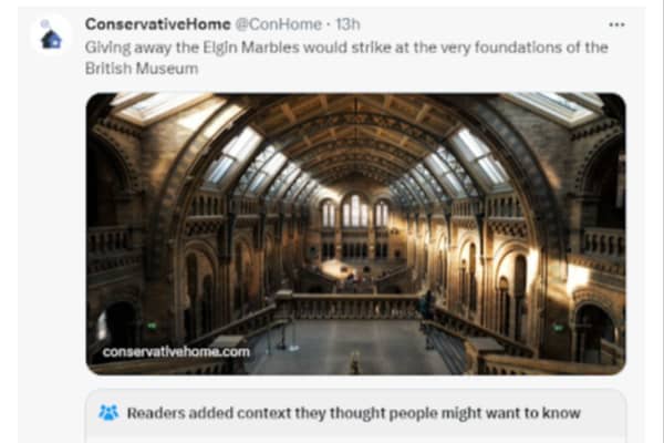 A post on X by @ConservativeHome about the Elgin Marbles, which appears to have confused the British Museum with the Natural History Museum
