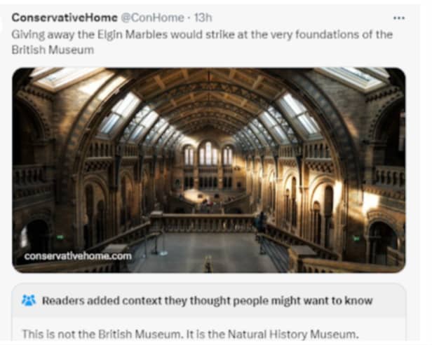 A post on X by @ConservativeHome about the Elgin Marbles, which appears to have confused the British Museum with the Natural History Museum
