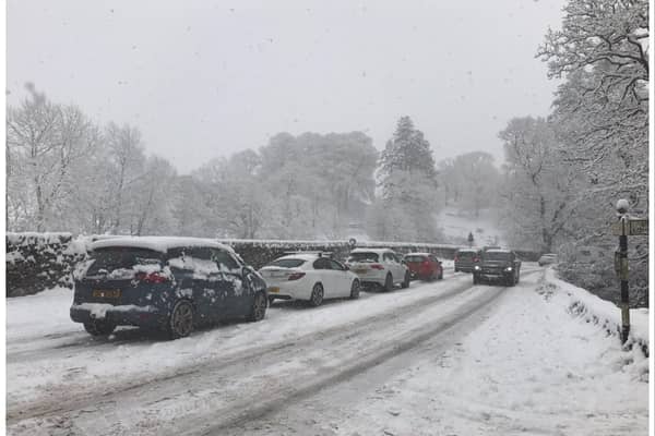 Cars stuck in snow near Ambleside in Cumbria - December 2023