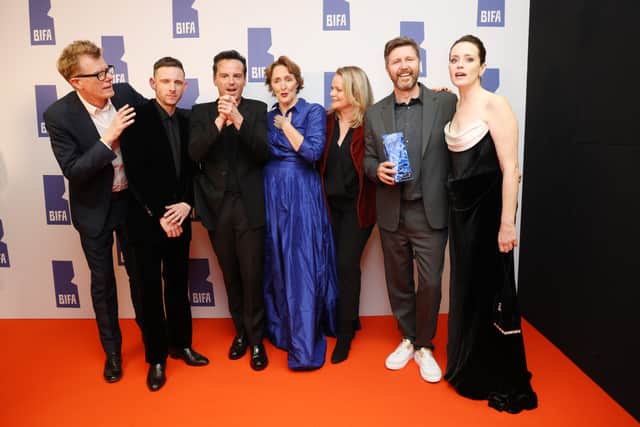 Graham Broadbent, Jamie Bell, Andrew Scott, Fiona Shaw, Sarah Harvey, Andrew Haigh and Claire Foy at The 26th British Independent Film Awards Winners Room at Old Billingsgate on December 03, 2023 in London, England. (Photo by Lia Toby/Getty Images)