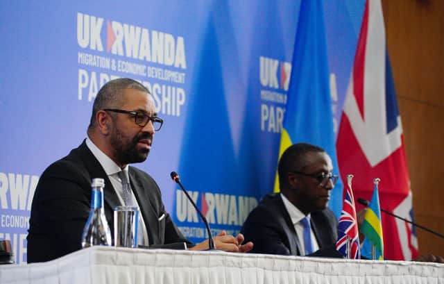Home Secretary James Cleverly speaks during a press conference with Rwandan Minister of Foreign Affairs Vincent Biruta after the signing of a new treaty  in Kigali, Rwanda. Credit: Ben Birchall/PA Wire 