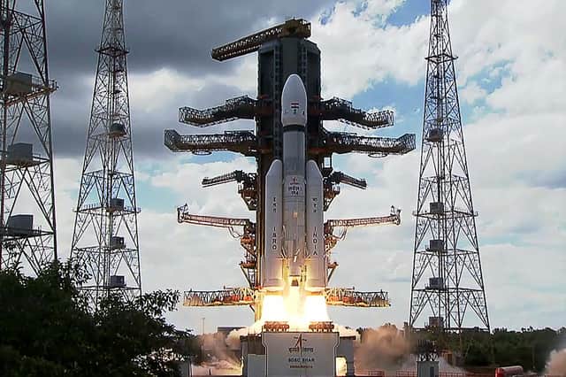 This screen grab made from video footage from ISRO via AFPTV taken on July 14, 2023 shows an Indian Space Research Organisation (ISRO) rocket carrying the Chandrayaan-3 spacecraft (Image: ISRO/AFPTV/AFP via Getty Images)