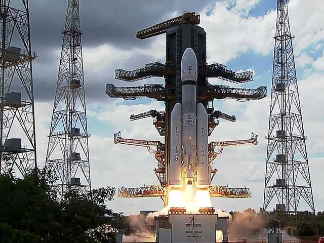 This screen grab made from video footage from ISRO via AFPTV taken on July 14, 2023 shows an Indian Space Research Organisation (ISRO) rocket carrying the Chandrayaan-3 spacecraft (Image: ISRO/AFPTV/AFP via Getty Images)