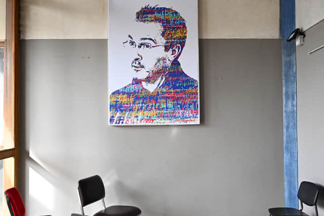 A photograph taken on October 16, 2023 shows a portrait of slain French teacher Samuel Paty (Image: BERTRAND GUAY/POOL/AFP via Getty Images)