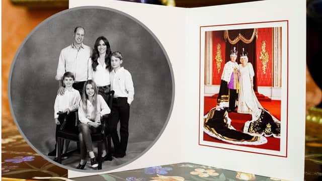 King chooses coronation Christmas card but family photo for William and Kate. Picture: Credit: Buckingham Palace/Hugo Burnand/PA/PA Wire - inset Josh Shinner/Kensington Palace/PA Wire