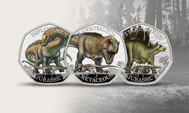 The Royal Mint has unveiled a series of collectable 50p coins featuring Tyrannosaurus, Stegosaurus and Diplodocus. 