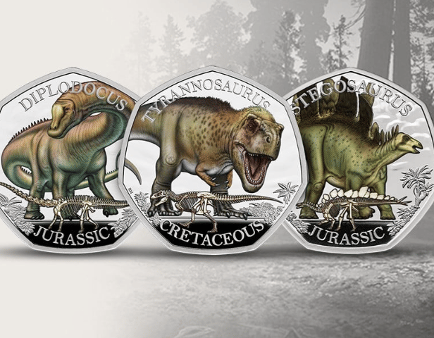 The Royal Mint has unveiled a series of collectable 50p coins featuring Tyrannosaurus, Stegosaurus and Diplodocus. 