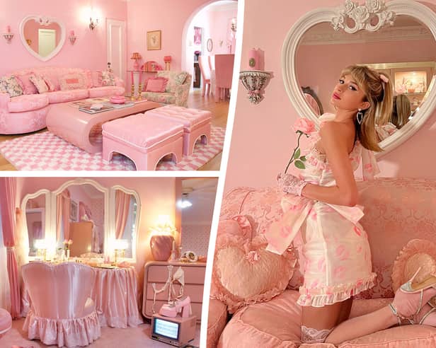 Hannah Dahl, aged 28, is obsessed with pink and has transformed her home into a Barbie inspired real life doll house. She also likes to dress all in pink. Photo by SWNS.