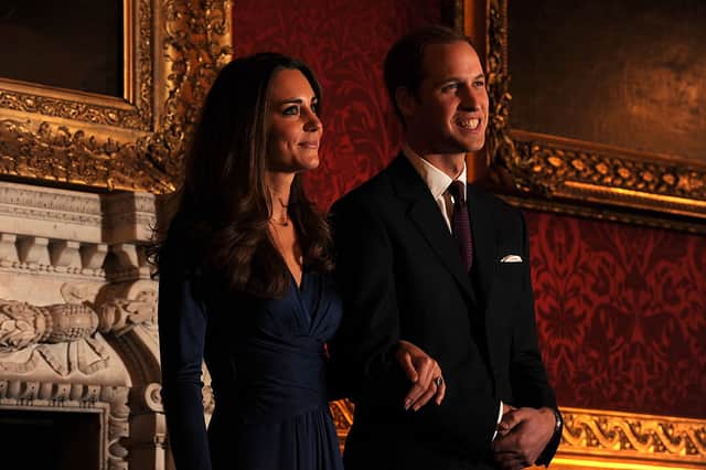 Kate Middleton and Prince William at their engagement. In The Crown Season 6, the character of Lola is reportedly based on a former girlfriend of Prince William. Photograph by Getty