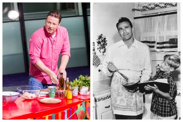 Not sure what time to put the turkey in the oven on Christmas Day? Jamie Oliver has the answers. Picture on right, 
English actor John Bentley cooking a Christmas pudding with his son at home in Hollywood. (Photo by Hulton Archive/Getty Images)

