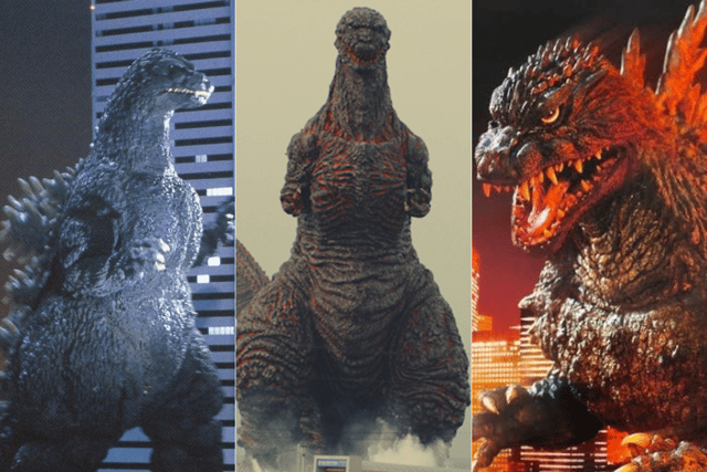 [L-R] The classic Heisei Godzilla, the volcanic Godzilla 2k and Shin Godzilla (Credit: Toho Studios)