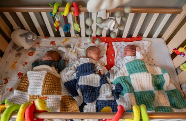 (L-R) Baby Emil, Ava and Alba are home in time for their first Christmas after being born two months early. Photo by SWNS.