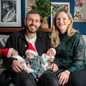 Parents Hannah Gurney and Chris Wise were told the due date for their triplets was Christmas Day, but they were born two months early. The proud parents are pictured with Ava, Emil and Alba (L-R) at their home in Portsmouth. Photo by SWNS.