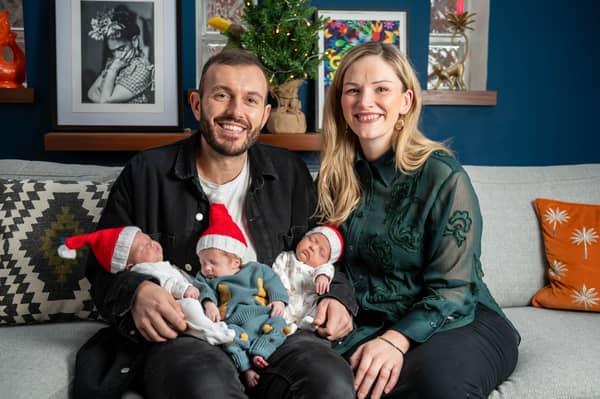Parents Hannah Gurney and Chris Wise were told the due date for their triplets was Christmas Day, but they were born two months early. The proud parents are pictured with Ava, Emil and Alba (L-R) at their home in Portsmouth. Photo by SWNS.