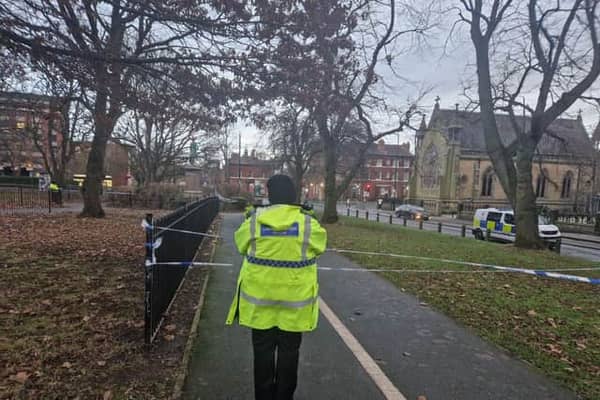 Police guard the cordon at Woodhouse Moor park in Leeds. Picture: National World