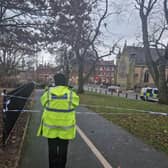 Police guard the cordon at Woodhouse Moor park in Leeds. Picture: National World