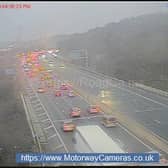 The M1 was stopped in both directions between J34 Meadowhall and J35 Thorpe Hemsley after a dog was loose on the road.