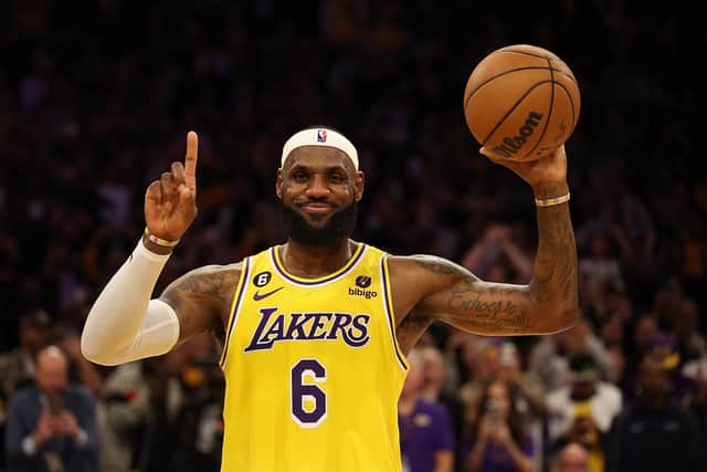 LeBron James #6 of the Los Angeles Lakers reacts after scoring to pass Kareem Abdul-Jabbar to become the NBA's all-time leading scorer, surpassing Abdul-Jabbar's career total of 38,387 points
