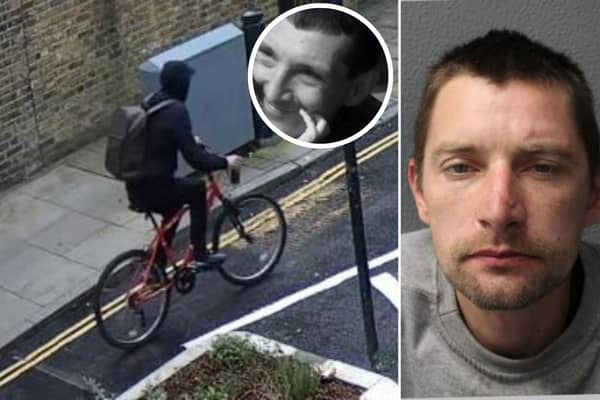 Jurejs Vankovs, 38, pictured right and on the bike, is being sought in connection with the fatal stabbing of 49-year-old Michael Murphy, inset, in Hackney, east London, in the early hours of December 26.
