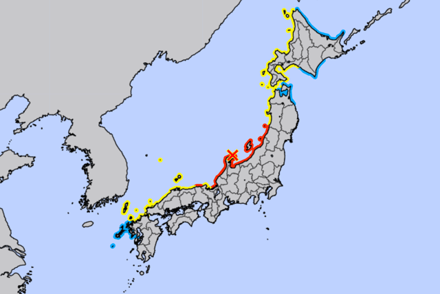 The areas along the West coast of Japan affected by tsunami activity - red indicates a tsunami warning, yellow indicates tsunami advice (Credit: Japan Meteorological Agency)