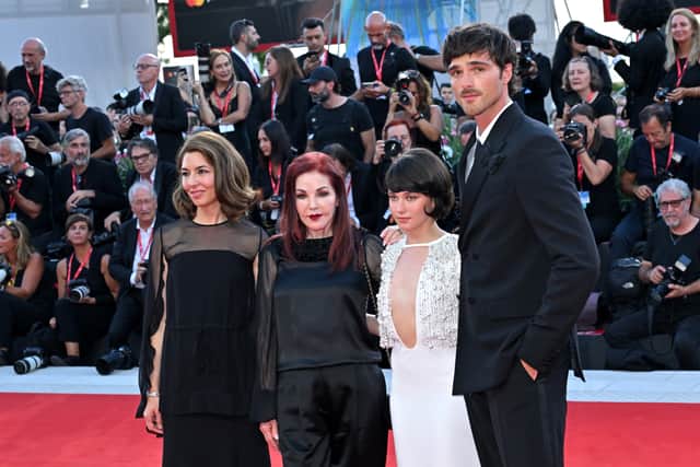 Sofia Coppola, Priscilla Presley, Cailee Spaeny and Jacob Elordi attend a red carpet for the movie "Priscilla" at the 80th Venice International Film Festival on September 04, 2023 in Venice, Italy. (Photo by Kristy Sparow/Getty Images)