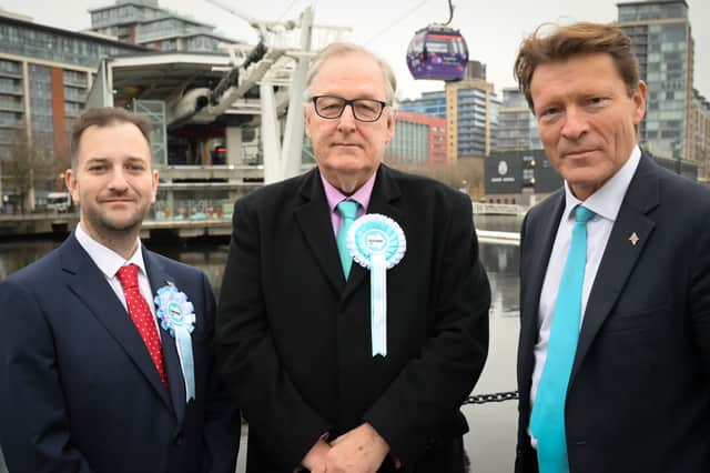 Mark Simpson, left, Reform UK London mayoral candidate Howard Cox, centre, and Richard Tice, right. Credit: Mark Simpson