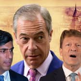 Nigel Farage, centre, could return to the Tories with Rishi Sunak, left, of step up his involvement with Richard Tice at Reform UK, right. Credit: Getty/Adobe/Mark Hall