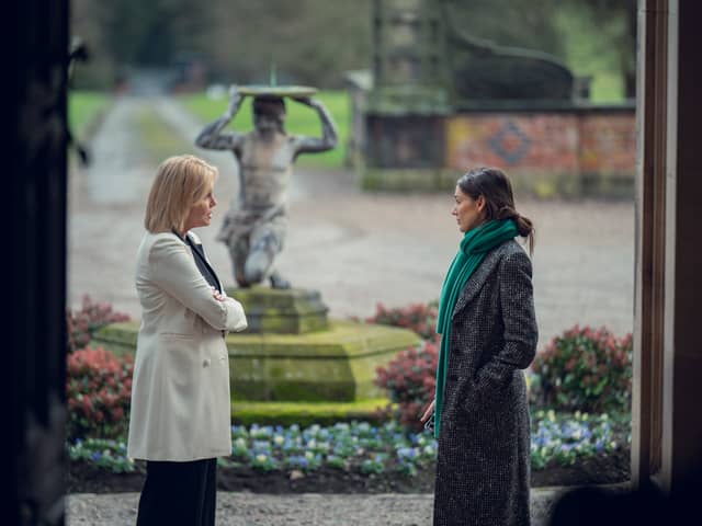 Filming Locations for Netflix's Fool Me Once include Arley Hall. Fool Me Once. (L to R) Joanne Lumley as Judith, Michelle Keegan as Maya in Fool Me Once. Cr. Vishal Sharma/Netflix Â© 2023.