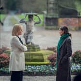 Filming Locations for Netflix's Fool Me Once include Arley Hall. Fool Me Once. (L to R) Joanne Lumley as Judith, Michelle Keegan as Maya in Fool Me Once. Cr. Vishal Sharma/Netflix Â© 2023.