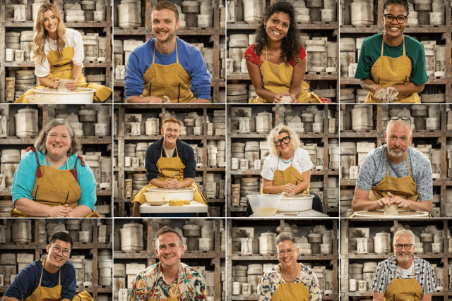 Your potters for the latest season of The Great Pottery Throw Down: [L-R, top row to bottom] Sophie, Steven, Shani, Princess, Jan, Edward, Donna, Dave, Daniel, Dan, Cadi and Andrew (Credit: Channel 4 / Mark Bourdillon)
