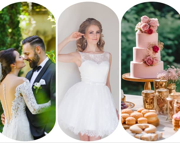 6 wedding trends we'll see in 2024 such as dress, venue and food trends. Stock images by Adobe Photos.