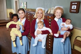 Call The Midwife Season 13: Nancy Corrigan (Megan Cusack), Trixie Franklin (Helen George), Phyllis Crane (Linda Bassett). Picture: BBC / Neal Street Productions / Nicky Johnston